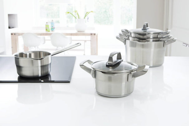 BK Topfset Premium+ Edelstahl 5-teilig - Kochtöpfe ø 16, 18 & 20 cm, Stielkasserolle ø 16 cm & Suppentopf ø 24 cm