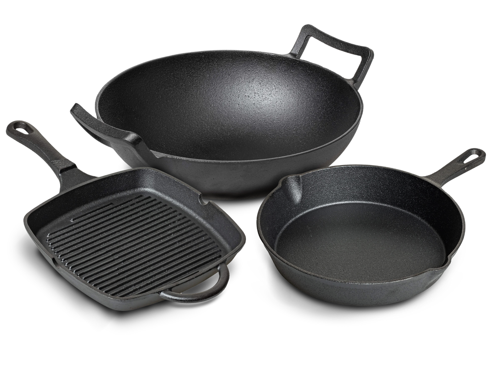 Blackwell Pannenset Gusseisen 3-teilig Grillpfanne 23 x 23 cm, Bratpfanne ø 25 cm & Wok ø 32 cm - geeignet für alle Wärmequellen - ohne anti-aanbaklaag