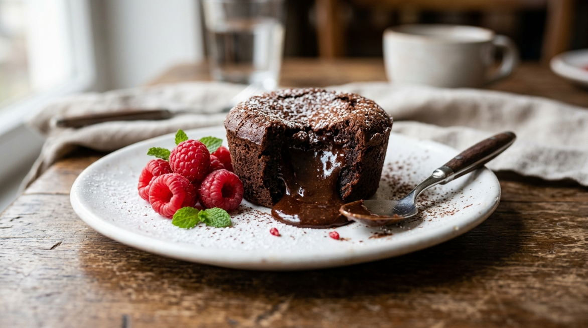 Reicher Schokoladenfondant ohne Gluten, mit flüssigem Kern und frischen Himbeeren.