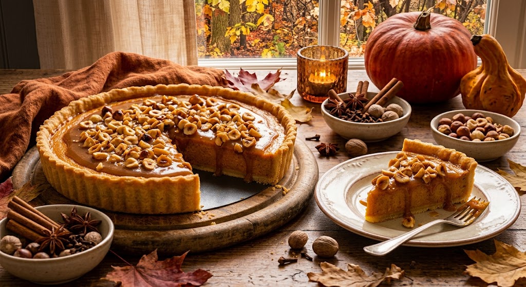 Eine reichhaltige Herbsttorte mit geröstetem Kürbis, Karamell und knusprigen Haselnüssen