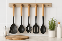 Cookinglife Kochgeschirr Set - Kochgeschirr Set - Holz schwarz 5-teilig - Schaumkelle, Suppenlöffel, Spaghettilöffel, Bratschaufel & Servierlöffel