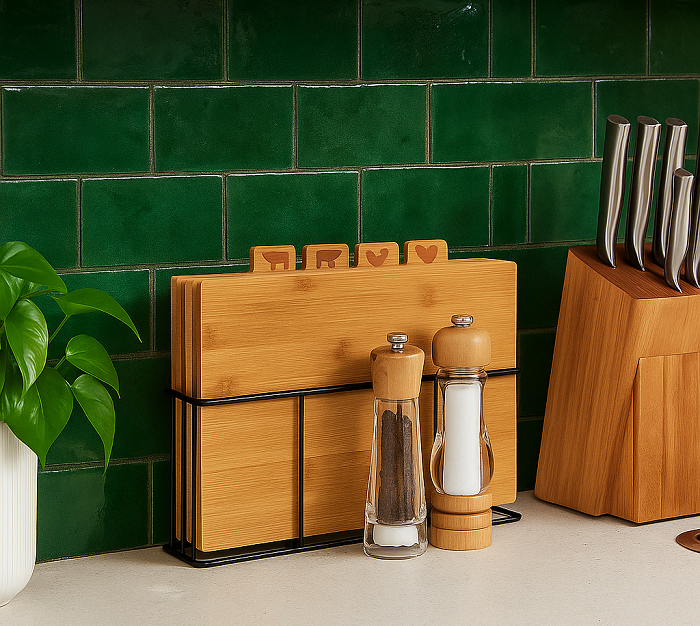 Cookinglife Bambus-Schneidebrett-Set mit Halter, 5-teilig