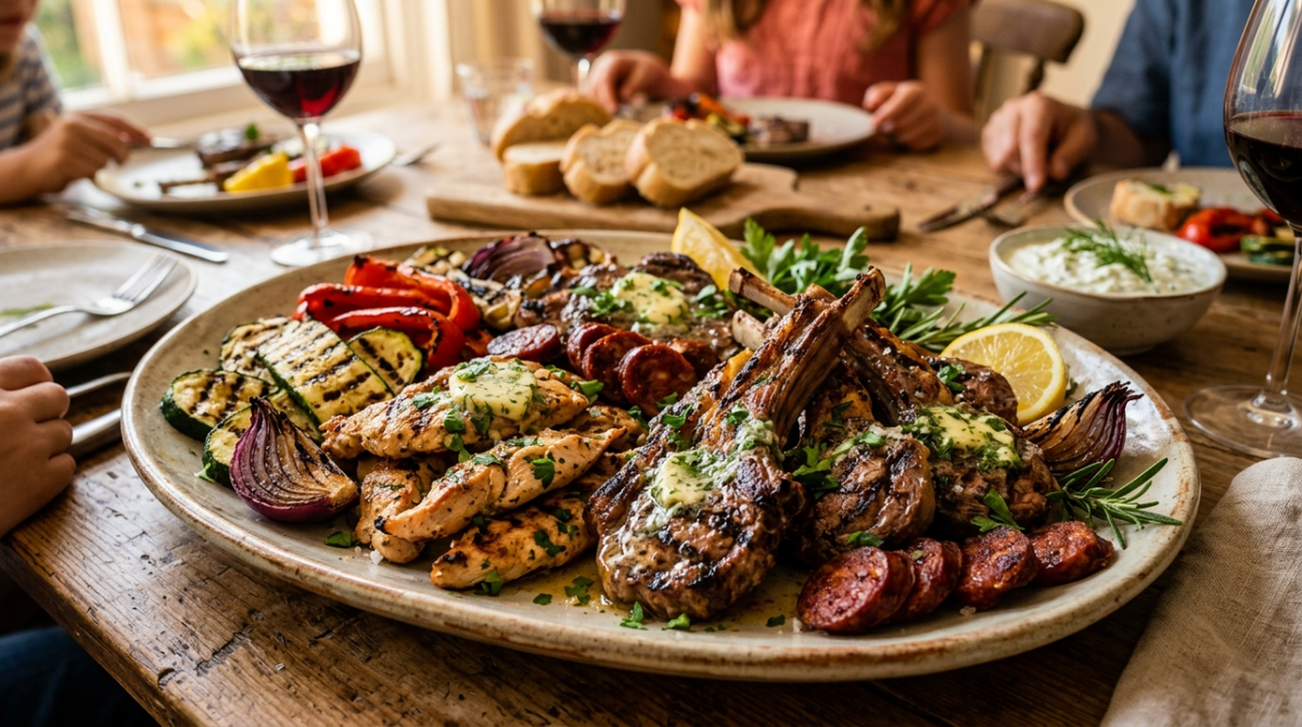 Saftige Fleischstücke, gegrilltes Gemüse und eine Knoblauch-Kräuterbutter, die alles verbindet.