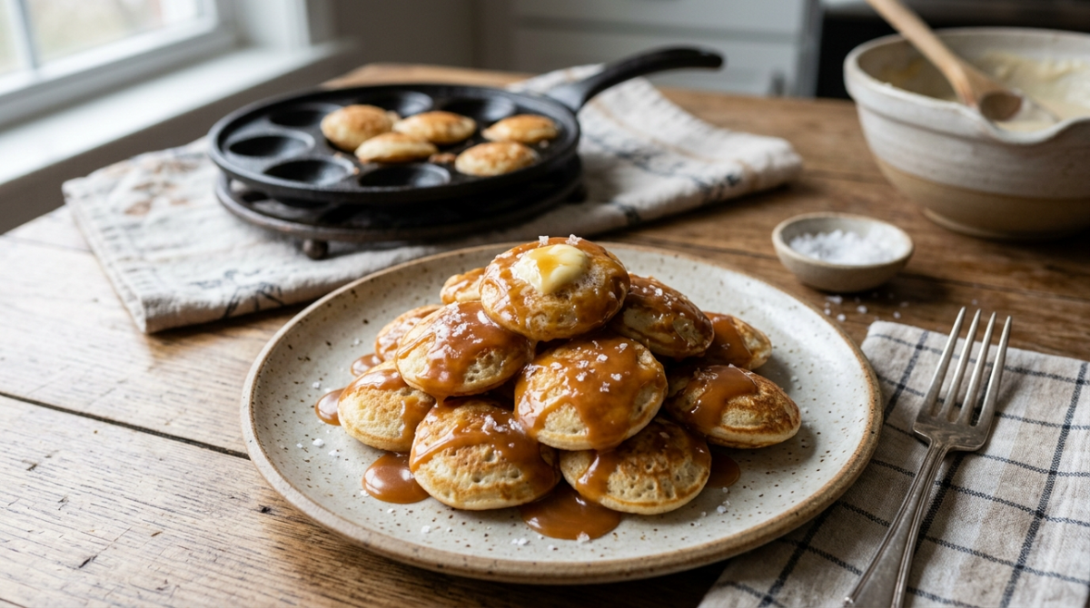 Luftige Poffertjes mit einer reichhaltigen, selbstgemachten gesalzenen Karamellsauce