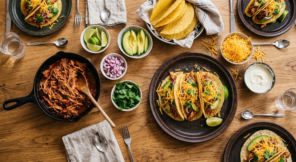 Saftiges Pulled Chicken, knackige Toppings und selbstgemachte Tacos für einen echten Fiesta-Abend.