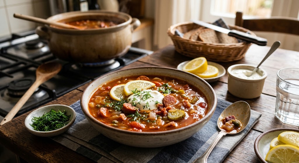 Eine reichhaltige, säuerliche Suppe voller geräucherter Wurst und Gewürzgurke