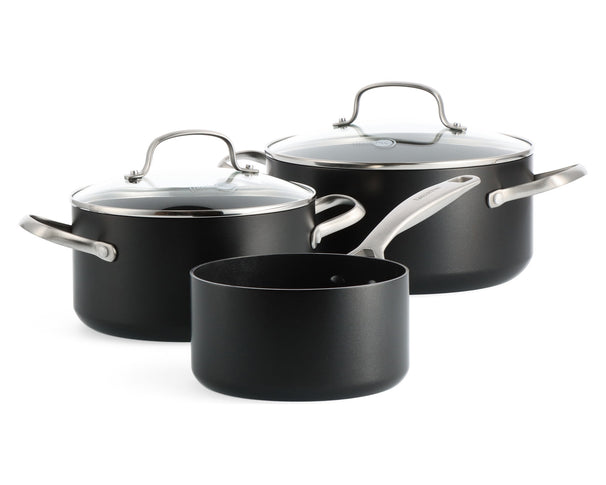GreenPan Topfset Copenhagen Schwarz 3-teilig - Stielkasserolle ø 16 cm, Kochtopf ø 18 & 20 cm - keramische Antihaftbeschichtung