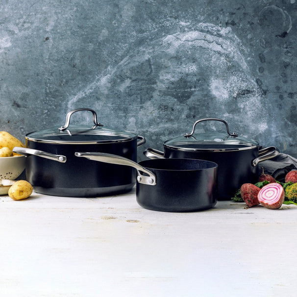 GreenPan Topfset Copenhagen Schwarz 3-teilig - Stielkasserolle ø 16 cm, Kochtopf ø 18 & 20 cm - keramische Antihaftbeschichtung
