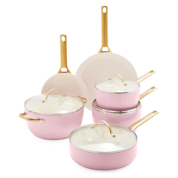GreenPan Topfset Padova Reserve Blush Pink 6-teilig - Kochtopf ø 24 cm, Stielkasserolle ø 18, 20 cm, Bratpfanne ø 20, 28 cm & Schmorpfanne ø 24 cm - keramische Antihaftbeschichtung