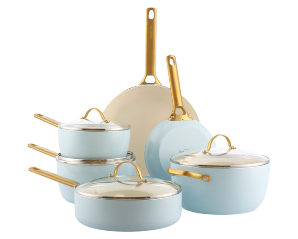 GreenPan Topfset Padova Reserve Light Blue 6-teilig - Kochtopf ø 24 cm, Stielkasserolle ø 18, 20 cm, Bratpfanne ø 20, 28 cm & Schmorpfanne ø 24 cm - keramische Antihaftbeschichtung