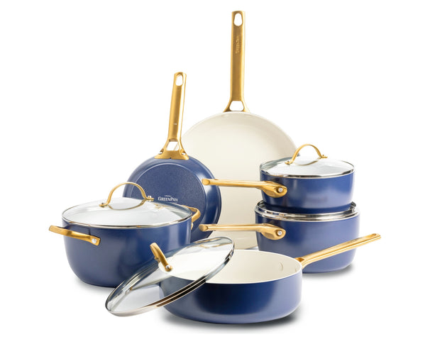 GreenPan Topfset Padova Reserve Oxford Blue 6-teilig - Kochtopf ø 24 cm, Stielkasserolle ø 18, 20 cm, Bratpfanne ø 20, 28 cm & Schmorpfanne ø 24 cm - keramische Antihaftbeschichtung