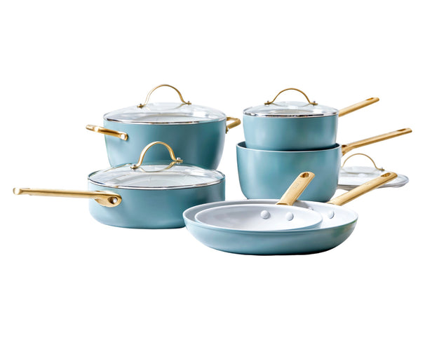 GreenPan Topfset Padova Reserve Smokey Blue 6-teilig - Kochtopf ø 24 cm, Stielkasserolle ø 18, 20 cm, Bratpfanne ø 20, 28 cm & Schmorpfanne ø 24 cm - keramische Antihaftbeschichtung