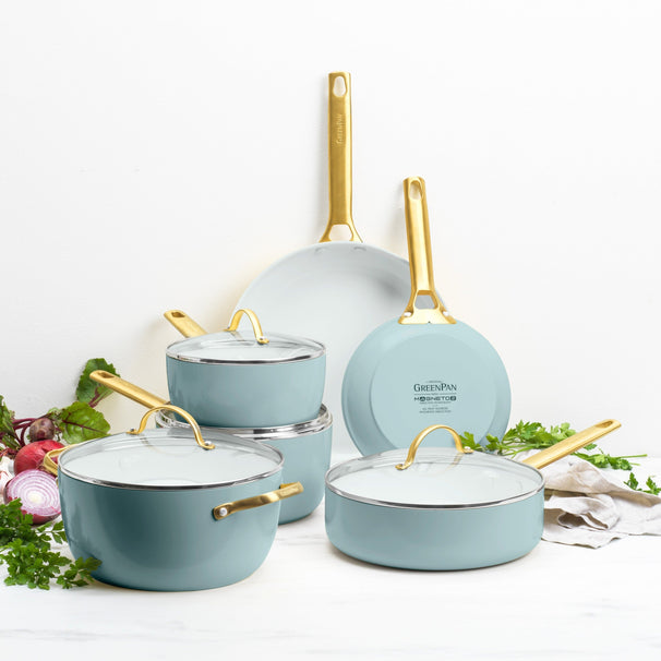 GreenPan Topfset Padova Reserve Smokey Blue 6-teilig - Kochtopf ø 24 cm, Stielkasserolle ø 18, 20 cm, Bratpfanne ø 20, 28 cm & Schmorpfanne ø 24 cm - keramische Antihaftbeschichtung