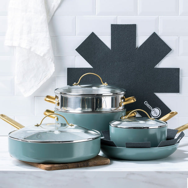 GreenPan Topfset Padova Reserve Smokey Blue 7-teilig - Stielkasserolle ø 18 cm, Kochtopf ø 24 cm, Bratpfanne ø 26 cm, Schmorpfanne ø 28 cm & Dämpfeinsatz - keramische Antihaftbeschichtung