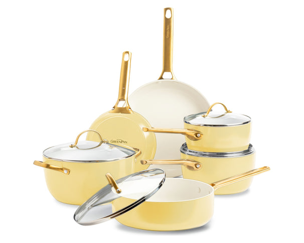 GreenPan Topfset Padova Reserve Sunshine Yellow 6-teilig - Kochtopf ø 24 cm, Stielkasserolle ø 18, 20 cm, Bratpfanne ø 20, 28 cm & Schmorpfanne ø 24 cm - keramische Antihaftbeschichtung