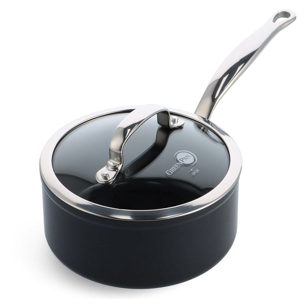 GreenPan Stielkasserolle Barcelona Pro Schwarz ø 18 cm / 2,1 Liter - mit Deckel - keramische Antihaftbeschichtung