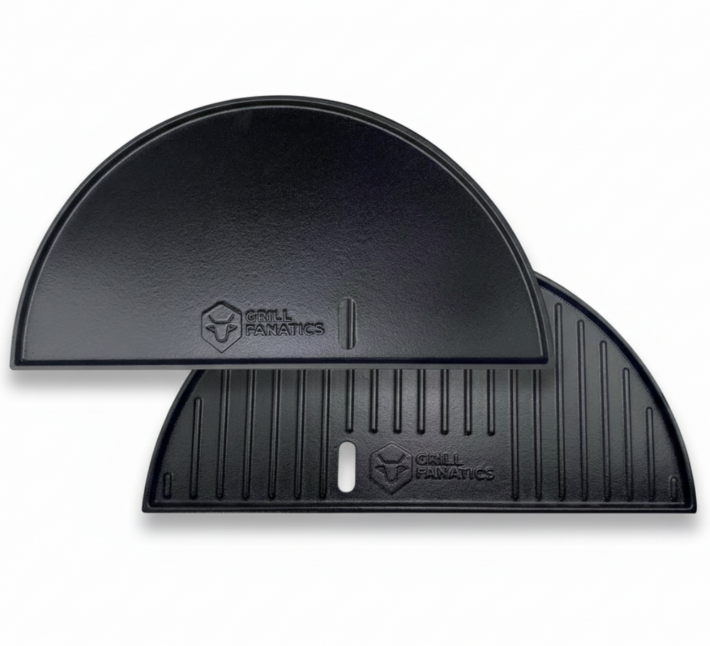 Cookinglife Halbmond-Grillplatte / Gusseisen-Plancha - Doppelseitig - Geeignet für 46 cm Kamados