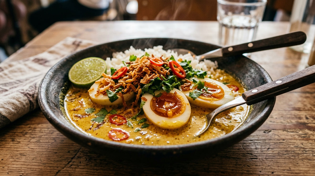Üppig gewürztes Curry mit weichgekochtem Ei und knusprigen Zwiebelringen