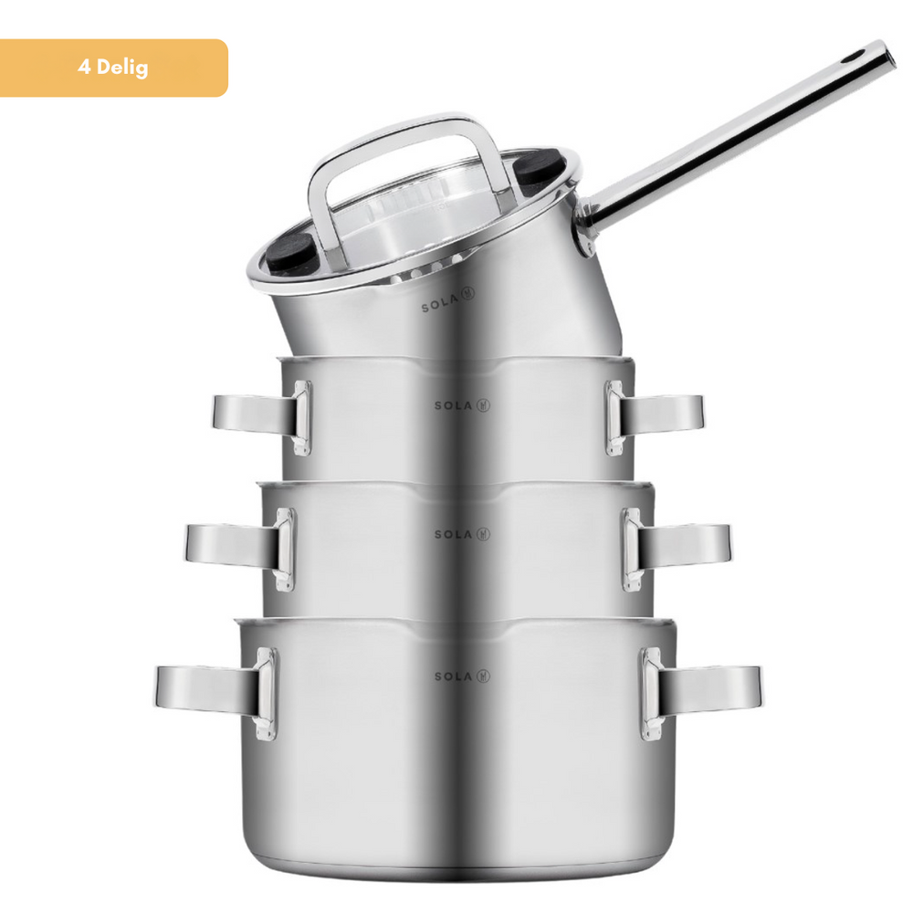 Sola Topfset Juvia 4-teilig – Edelstahl – downdraft-geeignet – Kochtöpfe Ø 16, 18, 20 cm & Stieltopf Ø 16 cm – geeignet für alle Herdarten
