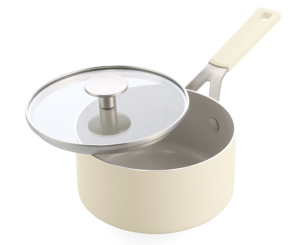 KitchenAid Stielkasserolle Aluminium Almond Cream ø 16 cm / 1,6 Liter - mit Deckel - keramische Antihaftbeschichtung