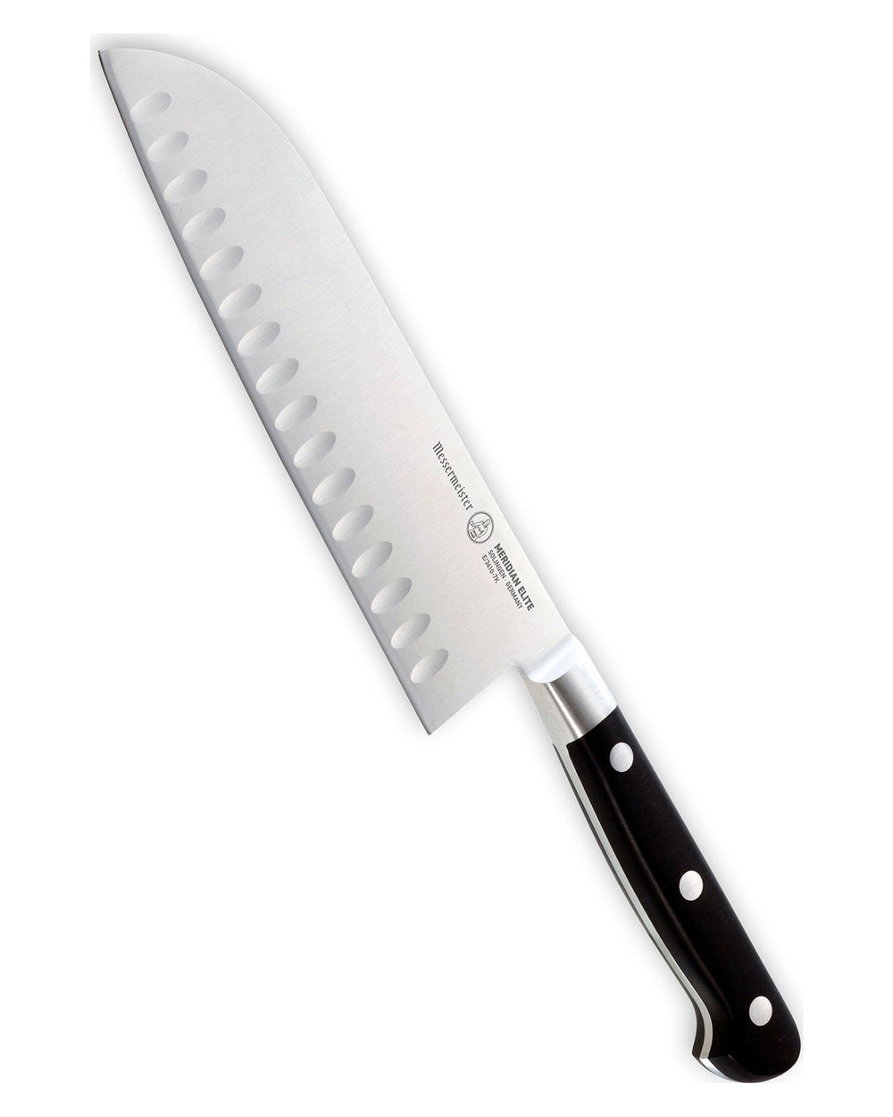 Messermeister Santokumes met Kuiltjes Meridian Elite 18 cm - schuin aanzicht