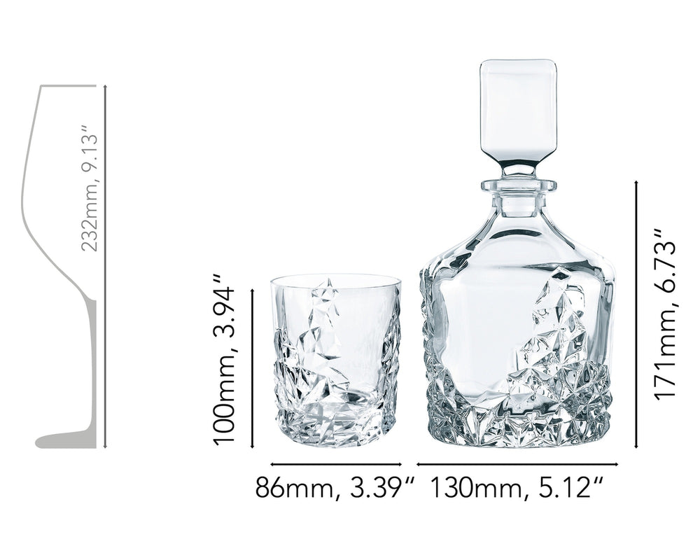 Nachtmann Whiskey Set Sculpture 3-delig - Karaf 750 ml & 2 Whiskeyglazen 365 ml - afmetingen