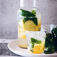 Erfrischender selbstgemachter Eistee ohne Zucker, mit Zitrone und Minze