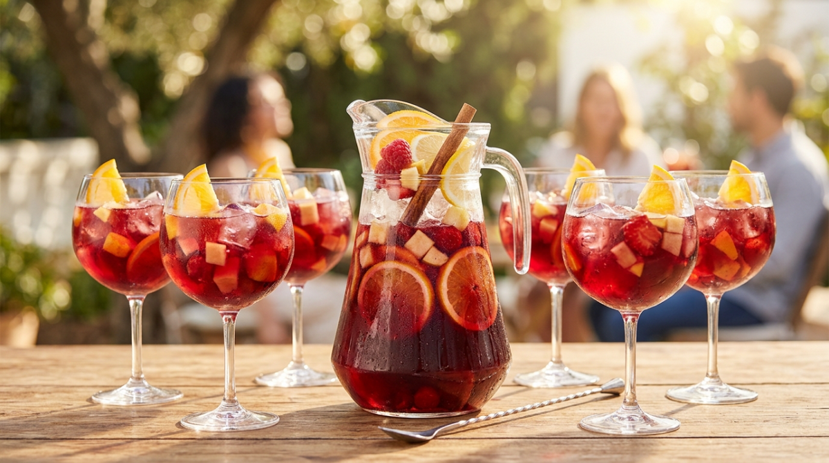 Sonnige Sangria mit roten Früchten, Zitrus und einem Hauch Likör. Zum Teilen gemacht: ein Krug mit 1,6 Litern reicht für 6 großzügige Gläser (700 ml) – mit viel Eis und Früchten.