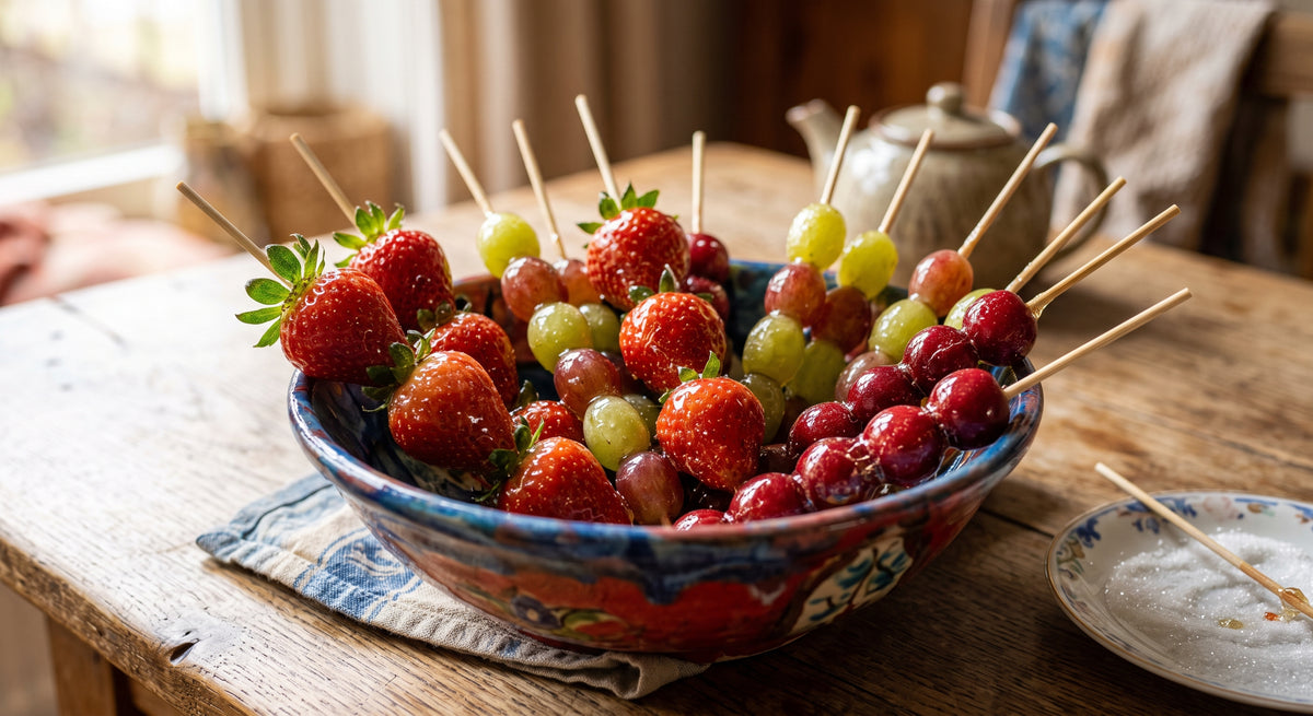 Knusprig karamellisiertes Obst am Stiel
