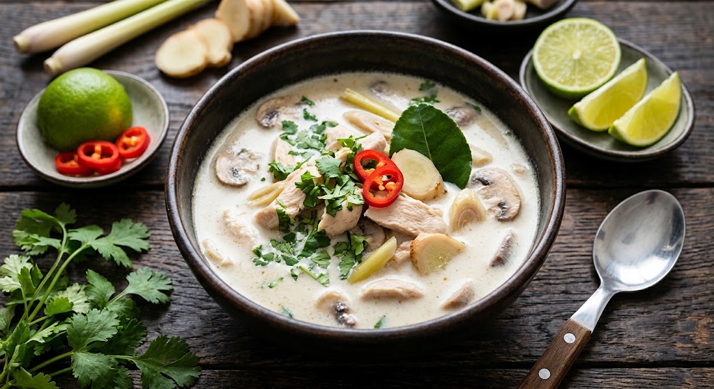 Cremige thailändische Kokossuppe mit Huhn und Ingwer