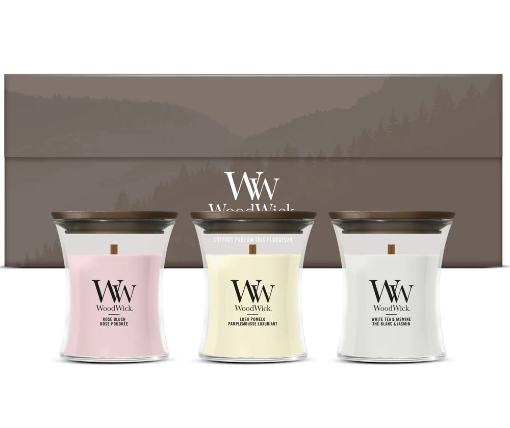 WoodWick Geschenkset Duftkerzen Mini Blooming Trio - 3 Stück - Duftkerze im Glas - Holzdocht
